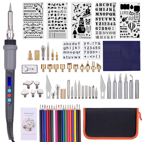 Kit de soldadores eléctricos de bricolaje, herramienta para quemar leña con pirografía con pantalla digital de 79 piezas, núcleo calefactor de cerámica completo, soldadura y grabado con bolsa de almac