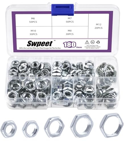 Swpeet 180Pcs 5 Sizes M6 M7 M8 M10 M12 White Zinc Plated Thin Hex Lock Nut Assortment Kit, White Zinc Plated Hex Locknuts Fitting for Pipe Fitting and Plumbing Fixed