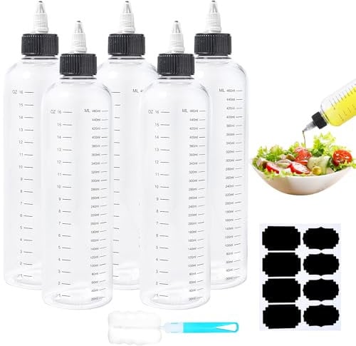 Amentalove 5PCS 500ml Squeezy Bottles with Nozzles, 16oz Squeezy Bottles with Scale, Sauce Bottle, Plastic Squeeze Bottle, Clear Condiment bottles with Labels Brush for Sauce Oil Ketchup DIY Crafts