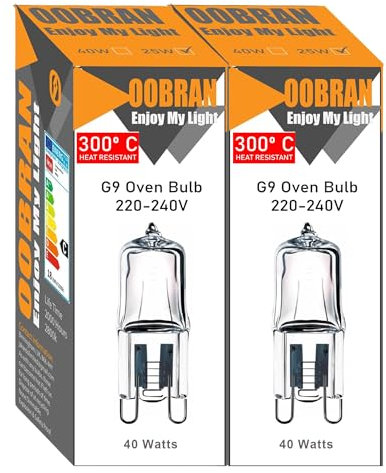 OOBRAN G9 Halogen Oven Bulb 40W 230V 300℃ Heat Tolerant for Neff/AEG/Smeg/Zanussi/Bosch/Oven Light Bulb 2 Pack [Energy Class G] (40, Watts)