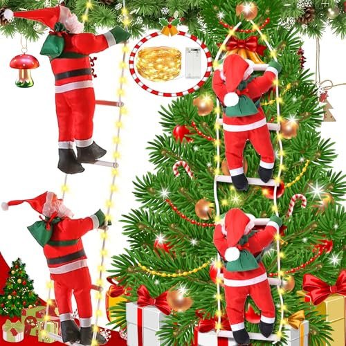 ZZXLOPEZ Scala di Babbo Natale, Santa Climbing Rope Ladder, Santa Climbing Rope Ladder con 3m Lucine a LED, Babbo Natale Che Sale Una Scala per Parete, Giardino, Albero di Natale Esterni/Interni