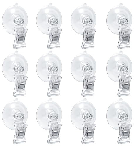 Clip de Ventosa, 12 Piezas Pinza de Ventosa Transparente, Soporte de Ventosa de Plástico PVC, Ventosas para Ventanas, Ganchos de succión para Baño, Oficina, Cocina, Tienda, Acuario