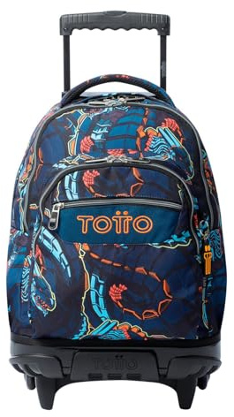 TOTTO - Mochila Escolar con Ruedas, Modelo Renglones, Capacidad 26,21 Litros, Bolsillo para PC 14, Bolsillo para Botella, Correas en S para Mayor Comodidad, Resistente, Estampado Zord Azul