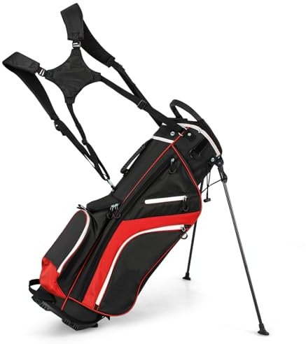 GYMAX Golf Stand Bag, 14 Way Golf Bag with 6 Pockets, Dual Shoulder Strap and Rain Hood, Lightweight Portable Golf Clubs Bag for Men Women (Red)
