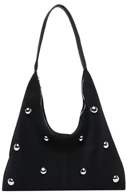 Fiorky Borsa Hobo Slouchy da Donna in Pelle Scamosciata Borsa con Borchie Borsa Ascellare di Capacità con Borsa Tote con Cerniera for Lavoro Viaggi Shopping (Nero)