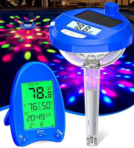 DeeprBlu 2025 Pool Thermometer Funk Solar | Dynamische LED-Lichtshow & Duales Display mit Backlight– Leicht ablesbar, 200 Meter Kabellose Reichweite | Poolthermometer Schwimmend für Pools & Spas