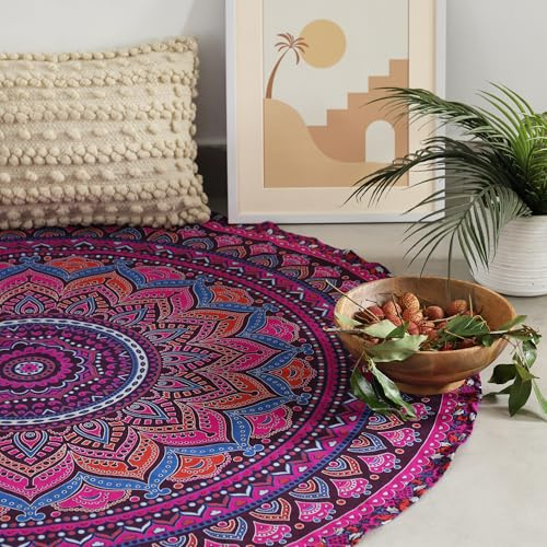 Popular Handicrafts Runder Wandteppich, indisches Ombré-Mandala, Strandtuch, Wandbehang, Hippie, Boho, , Baumwolle, Tischdecke, Yoga-Laken, 127 cm, Violett