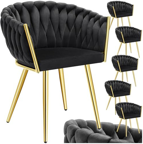 tectake® Samt Stuhl, Schalenstuhl mit Armlehne in Knoten Optik, Esszimmerstühle, Sessel modern für Wohnzimmer, Esszimmer, als Küchenstühle, für Schminktisch, Dining Chair Set - Schwarz/Gold, 6er Set