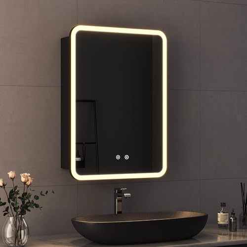 Hopibath Spiegelschrank Bad mit Beleuchtung 40x60x13cm LED Badezimmerschrank, Spiegelschrank schwarz mit Innen Spiegel und Beschlagfrei, 3 Lichtfarbe Dimmbar