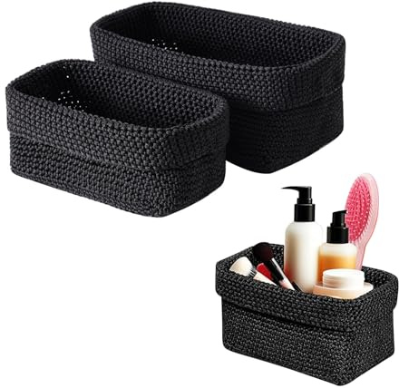 SANLIUBA 2 Stück Aufbewahrungskorb Baumwolle,korb schwarz Stapelbarer gewebter Korb Kosmetik-Organizer, Regalkorb, Küchenaufbewahrungskorb, Schlüssel, Schmuck, 21*12*15.5cm-Schwarz