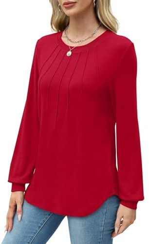 WIHOLL Tunic Tops for Women UK Ladies Long Sleeve Tops Casual Sweatshirts Pleated Crew Neck Blouses Tshirts Fall Winter Red L