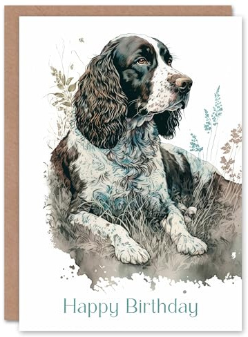 Artery8 Happy Birthday Dog Lying in Field Modern Watercolor Birthday Card