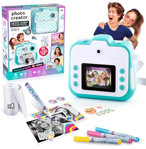 C Toys - Photo Creator – Kamera mit Sofortdruck Türkis für Kinder ab 8 Jahren – Selfie & Videokamera – Druck ohne Tinte auf Thermopapier – Geschenkidee – CLK 001T