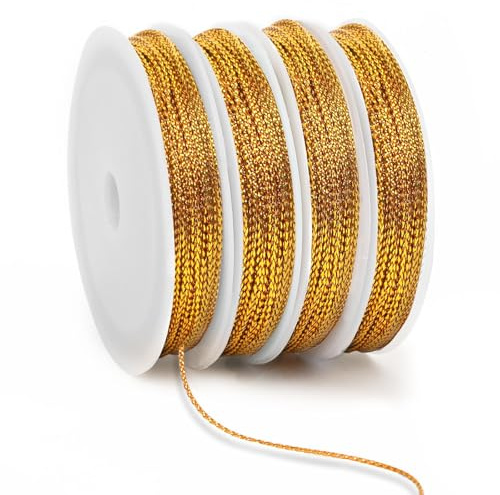 JUNEBRUSHS 87 Yards Weihnachts-Metallkordel-Ornamentschnur, Weihnachtsband-Kordel, Goldene SchnuraufhäNgung zum Basteln Von Ornamenten Schmuckherstellung, Geschenkpapier (Gold)