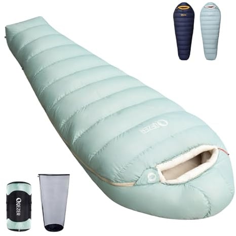 QEZER Daunenschlafsack, Winterschlafsack mit antistatischem Graphenfutter, 620FP Bauschkraft, 1450 Gramm, -24°C bis 0°C, geeignet für Camping, Wandern und Trekking.