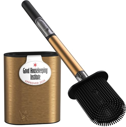 MooStar 1-Pack Silicone Toilet Brush with Holder-Stainless Steel Wall-Mounted & Free-Standing Toilet Brushes and Holders with Quick-Drying Flexible Flat Brush Head & Soap Dispenser for Bathroom-Copper