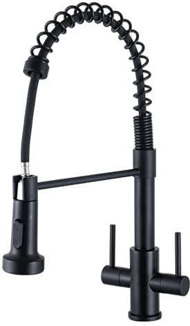 Eovem Spring Kitchen Sink Mixer Tap Dual Lever Stainless Steel 360° Swivel Spout Kitchen Tap with Pull Out Sprayer 1 Hole Matt Black