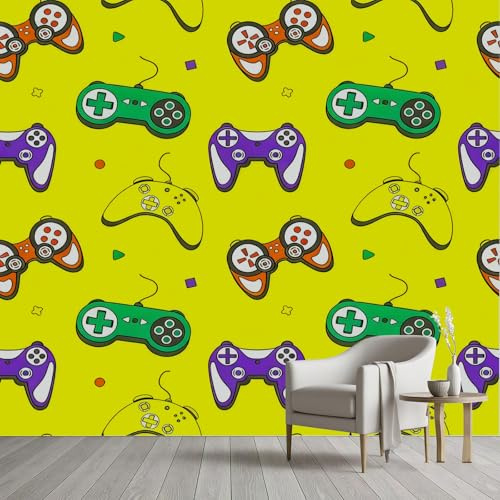 Pggong Papier Peint 3D Gamer Gaming Console Gamepad Jaune Papier Peint Garçon Fille Adolescent Poster Tapisserie Murale Film Adhesif Meuble Chambre à Coucher Maison Décoration 250x175 cm