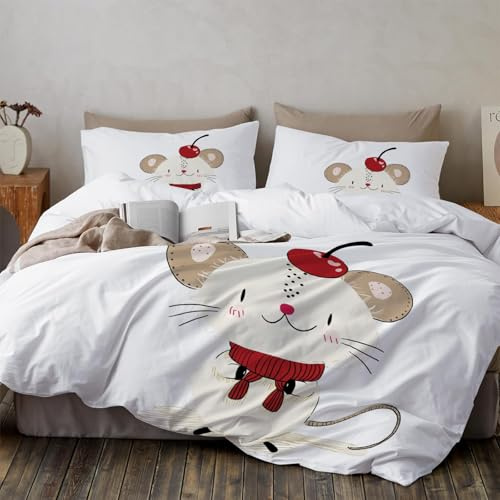 Bettwäsche Niedliche Maus 220 X 240 cm Bettbezug Set Weich Flauschig Mikrofaser Bettwäsche 3Teilig Für Geschenke Zimmer Deko Mit Reißverschluss Und 80X80 cm Kissenbezug, Weiß Minimalistischer Cartoon