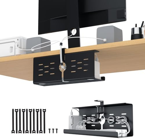 KEEGH 16 Inch Under Desk Cable Management Tray No Drill Clamp/Screw Mount | Upgrade Capacity Under Desk Cable Tray, Gaming/PC Cable Management Tray Cord Organizer Hiders for Home Office, Black