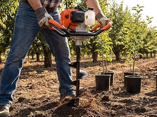 Erdbohrer Benzin 52cc Erdbohrer mit 2 Bohrer (15cm und 25cm) und 3 Verlängerungen, maximale Tiefe 3,2m für Zäune,