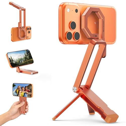 LULULOOK Rugged Magnetic Phone Tripod Stand for iPhone - Portable Strong Magnetic Phone Holder for Magsafe - Tripod Mount for iPhone 13/14/15/16/17 Pro Max & Air, Orange