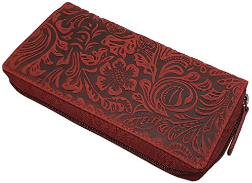 Große Vollrindleder Damen Geldbörse / Geldbeutel / Portemonnaie / Geldtasche / Portmonee rundherum mit Lianen Prägung oder ohne Prägung und RFID & NFC Schutz inkl. Nähset (Lianen Prägung / Kirschrot)