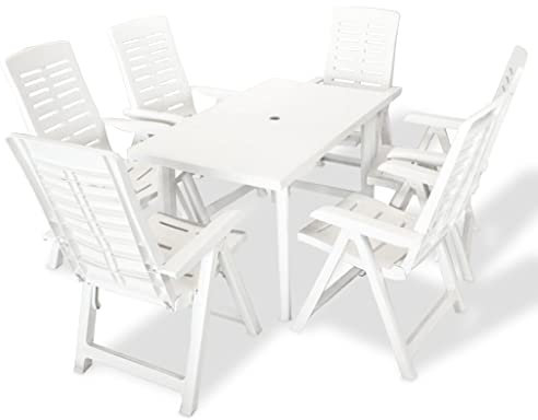 vidaXL Gartenmöbel Set 7-TLG. Gartengarnitur Sitzgruppe Gartenset Sitzgarnitur Esstisch Gartentisch Tisch Stühle Klappstühle Kunststoff Weiß