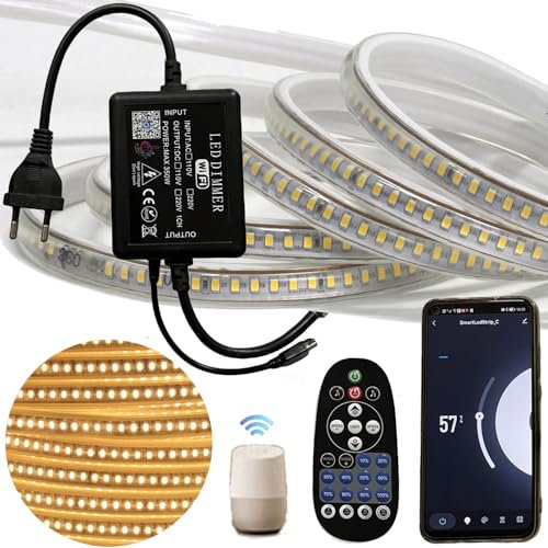 FOLGEMIR 5 Meter Dimmbar LED Band Warmweiß, WIFI/APP kontrolliert LED Streifen mit 220V Trafo & IR Fernbedienung, 2835 SMD 144 Leds/m, Timer, Musik, Wasserdicht IP65