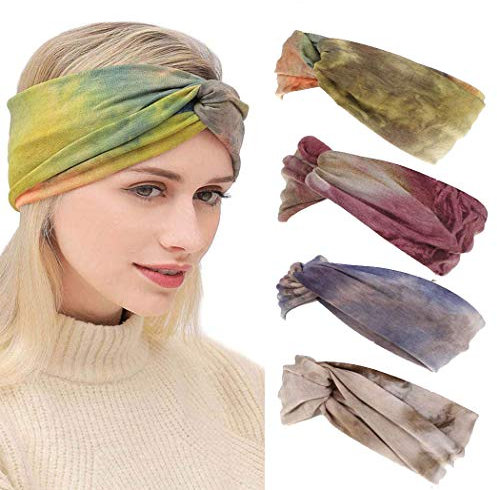 IYOU Boho Harrband Kreuz Stirnbänder Stilvoll bedruckte Yoga Kopfwickel geknotetes elastisches breites Kopftuch für Frauen und Mädchen (4er Pack)