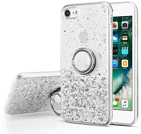 DEFBSC Case for iPhone SE 2022/2020, iPhone 7/8 with Ring, Glitter Sequin Clear Back Cover with 360° Rotation Ring Holder Kickstand,Soft TPU Bumper Phone Case Slim Transparent Sequin Back Case- White