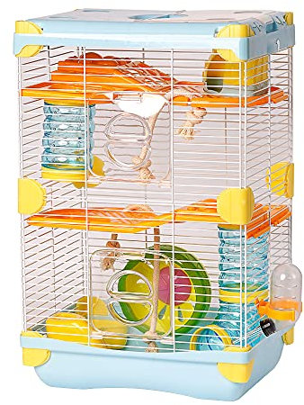 Cage pour Hamster Roborowski 2 Étages - 27.7 * 20.5 * 42.5cm Avec Roulette pour Boire et Manger (Bleu)
