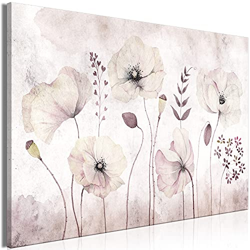 B&D XXL - Wandbilder Mohnblumen 90x60 cm 1 tlg Vlies Leinwand XXL Bilder Wand Deko Bilder Wohnzimmer Bild Schlafzimmer Leinwandbilder Kunstdruck Groß - Blumen Botanik Blätter Natur beige b-C-0878-b-a