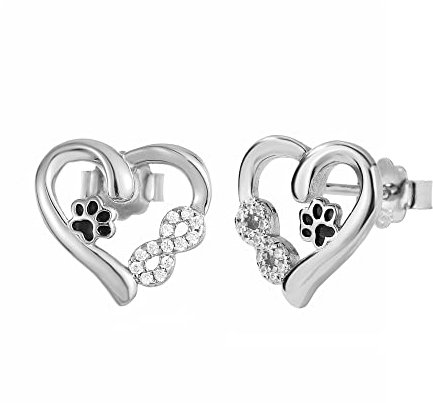 Ohrring Silber 925 Damen Tier Pfotenabdruck Unendlichkeit Liebe Herz Ohrstecker für Hundeliebhaber Geschenk (Silber)