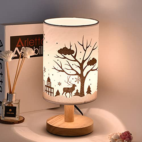 SXYSXYSXY Hirsch Tischlampe Vintage Holz Tischleuchte Einfache Klassisch Nachttischlampe Stoffschirm E27 Geweih Nachtlicht fur Schlafzimmer Wohnzimmer Kinderzimmer Dekorative H29*D14CM,B