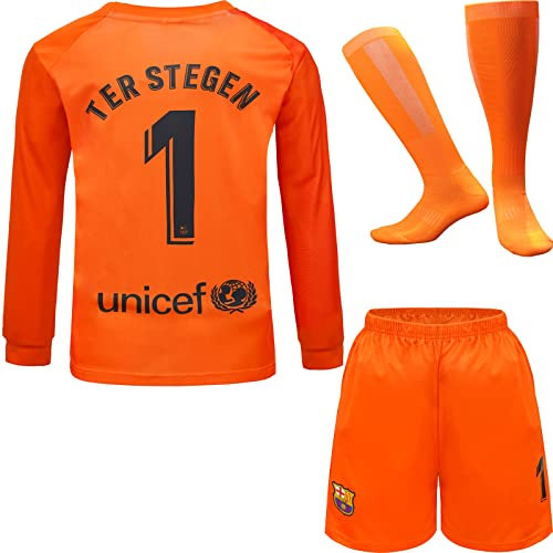 NIHMEX Barcelona TER Stegen Kinder Torwart Trikot Fußball #1, Neu Saison, Shorts Socken Torwarttrikot (Orange (Langarm),30)