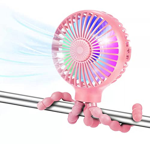Ventilateur de poussette, ventilateur de table personnel avec conception de trépied flexible, ventilateur rechargeable USB avec lumières LED, Convient pour bébé, bureau, voiture, camping(rose)
