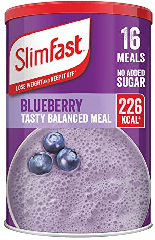 SlimFast Mahlzeitenersatz-Shake zur Gewichtsreduktion & ausgewogene Ernährung, Vitamine und Mineralstoffe, kalorienarm, hoher Protein, Heidelbeergeschmack, 16 Portionen, 584 g, Verpackung kann