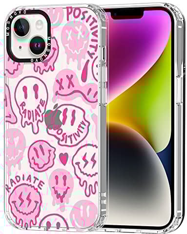 MOSNOVO für iPhone 14 Hülle – Durchsichtige, schlanke, stoßfeste TPU+PC-Handyhülle, [6,6 Fuß Fallschutz/Anti-Abziehen] - Rosa tropfendes Lächel-Gesicht mit positiver Ausstrahlung