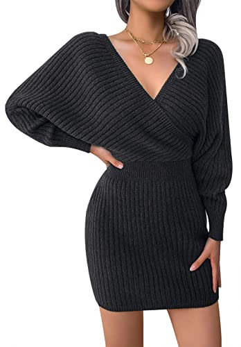 Maeau Knitted Winter Dress - Long Sleeve V-Neck Pencil Jumper, Elegant Sweater, Ladies Mini Bodycon - S - Black