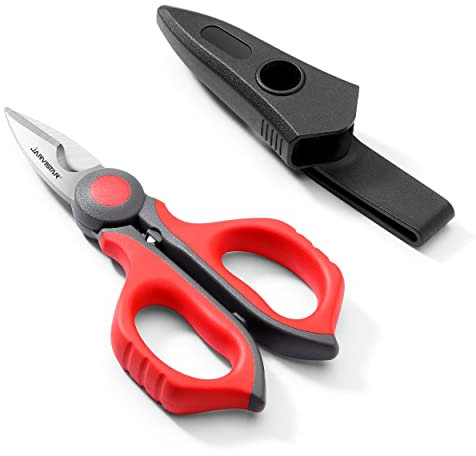 JARVISTAR Tijeras para electricista,Tijeras de Cable cuchillas afiladas de acero inoxidable resistentes y agarre de goma suave con funda de clip,15.3CM (Negro/Rojo)