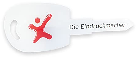 Übergabeschlüssel, symbolischer Autoschlüssel, auf 10 mm weißer Stabiler Acrylglasplatte, personalisiert mit Logo und Text Bedruckt