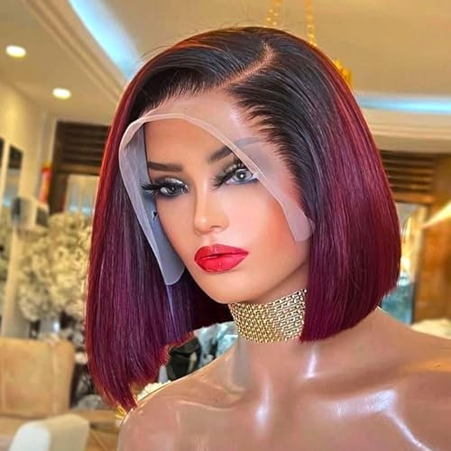 HIRIREMY Ombre 99J Burgunderrot Lace Front Bob Perücken Echthaar 33 x 10 cm HD Lace Frontal Perücken klebefrei kurze gerade Bob-Perücken für schwarze Frauen Echthaar vorgezupfter natürlicher
