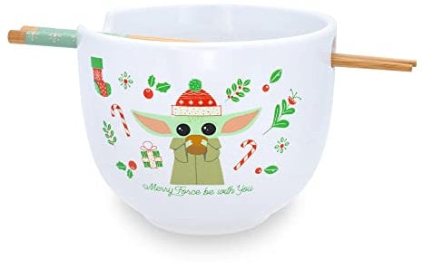 Silver Buffalo Star Wars : The Mandalorian Grogu The Child Merry Force Be With You Service de table en céramique avec bol à nouilles ramen de 590 ml et baguettes en bois