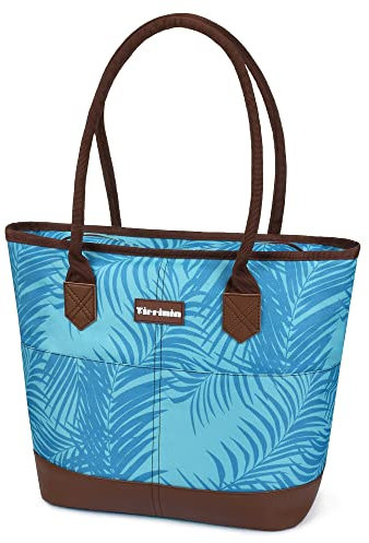Kato Tirrinia Large Insulated Lunch Cooler Tote for Women, Adult Shopping Grocery Bag for Frozen Food, Waterproof Leakproof Cooler Beach Bag with Zipper, Blue Leaf