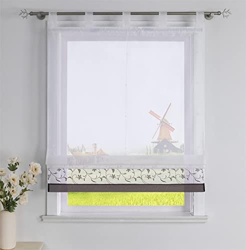 CORLIF Raffrollo mit Blumenmuster Bestickte Raffgardine Küche Modern Schlaufenrollo Leinenoptik Transparente Rollo Kurz Fenster Schal Landhaus mit Schlaufen B/H 140/150 cm Grau
