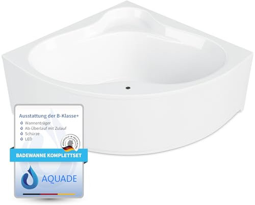 AQUADE Acryl Eckbadewanne 150x150 Modell: Essen Hergеstellt in Dеutschland - Weiß Badewanne Komplettset 150x150 - Badewannen mit Wannenfüßen + Schürze + Ab-Überlauf mit Zulauf + Led