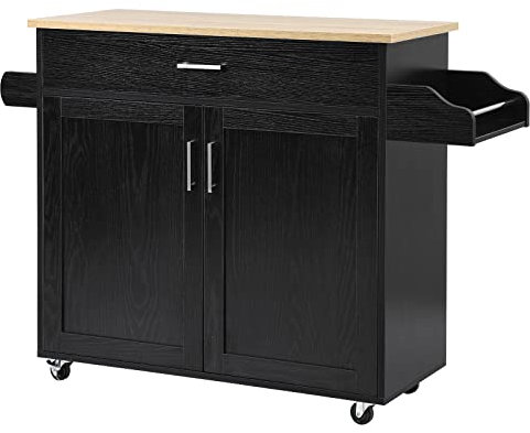 GiantexUK Kitchen Island Cart, Rolling Storage Serving Trolley with Large Drawer, Adjustable Shelf and Towel Rack, Utility Storage Cabinet Unit for Dining Room (Black, 116 x 40 x 85 cm)