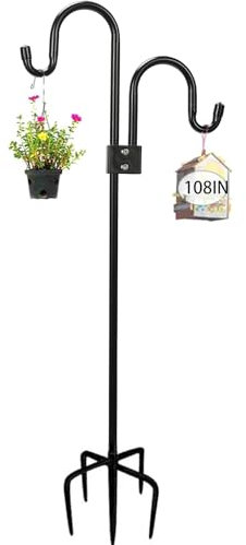 ADTSADDTO Garden Schäferhaken,274cm Garten Doppelhaken Mit 5 Prong Base Shepherds Crook Hook FÜR Solarleuchten, Pflanzenkörbe, Laternen, Vogelhäuschen