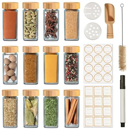 Praknu Pot à Épices avec Étiquettes Réutilisables - Lot de 12 - Bocaux à Épices avec Couvercle en Bambou - 120ml - Inclus Brosse de Nettoyage & Cuillère en Bois